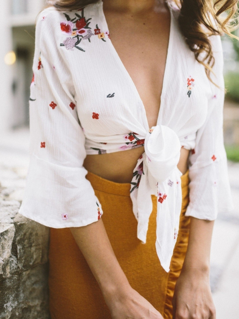 Wander White Floral Tie-Front Crop Top